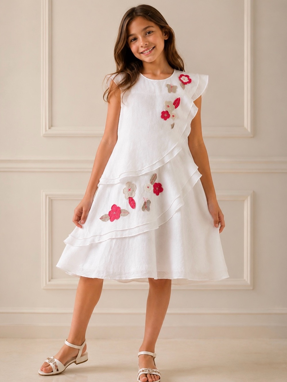 100% Capri White Floral Embroidered Ruffle Kids Girl Dress 8 years